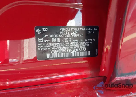 2017 BMW 320I из США, поврежденный, VIN WBA8E1G38HNU16223